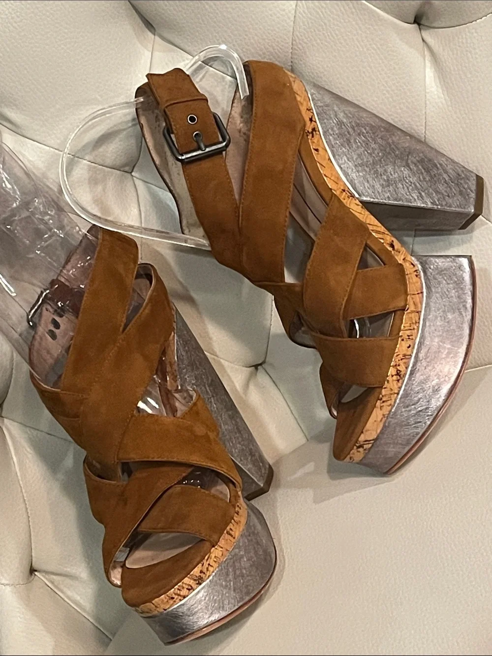 Dolce Vita Brown Suede Platform Sandals with Metallic Block Heel